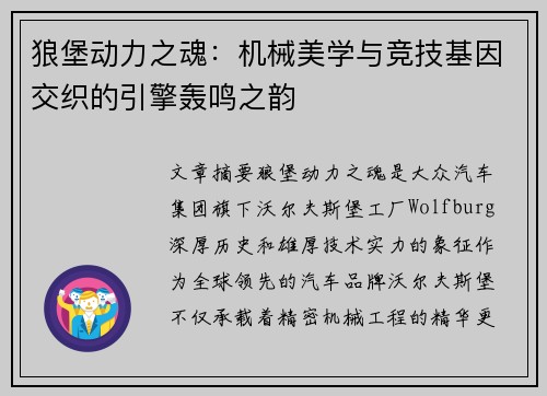 狼堡动力之魂：机械美学与竞技基因交织的引擎轰鸣之韵