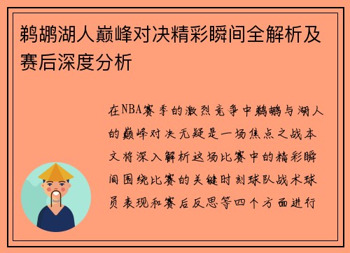 鹈鹕湖人巅峰对决精彩瞬间全解析及赛后深度分析