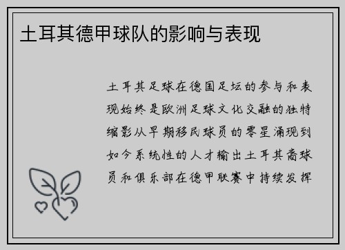 土耳其德甲球队的影响与表现